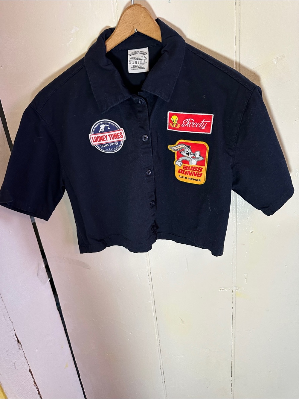 Warner Bros. Black Cropped Button-Down Shirt with Looney Tunes Patches